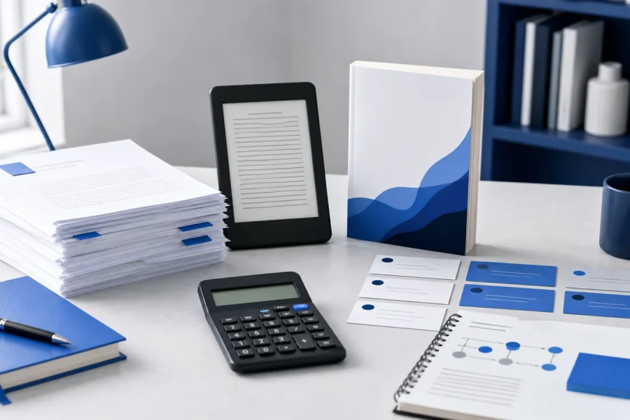 Author planning ebook and paperback formatting costs with a manuscript and calculator