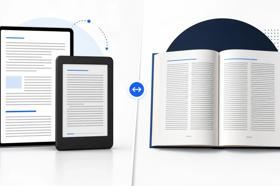 Responsive ebook pages compared with a professionally typeset paperback