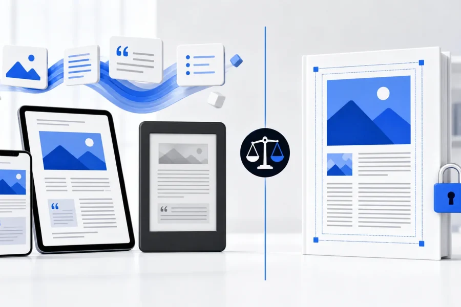 Reflowable ebook content on devices compared with a fixed-layout document