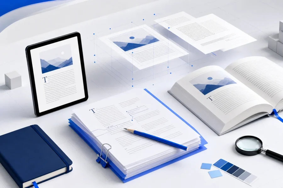 Manuscript, tablet, and open paperback prepared for digital and print publishing