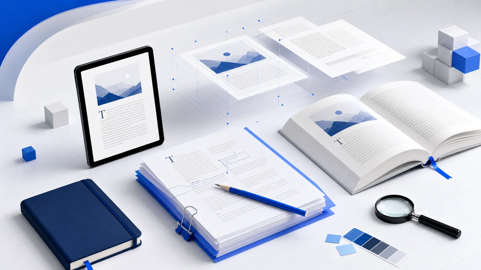 Manuscript, tablet, and open paperback prepared for digital and print publishing