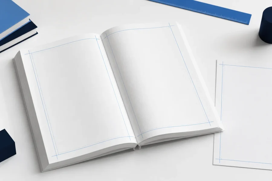 Paperback interior layout with trim, gutter, safe-area, and bleed guides