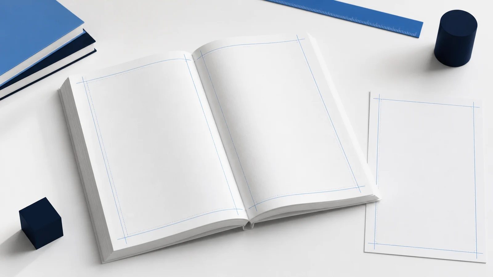 Paperback interior layout with trim, gutter, safe-area, and bleed guides