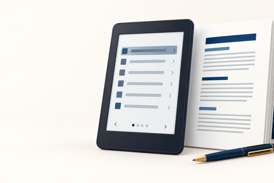 Abstract e-reader table of contents with chapter links and navigation menu
